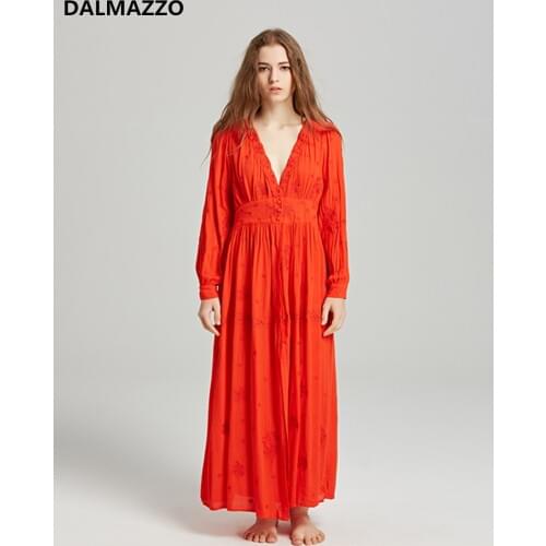 DALMAZZO 2020 High-end Custom Red Dress V-Neck Printed Embroidery High Quality Dresses Bohemian People Mexican Dress Female