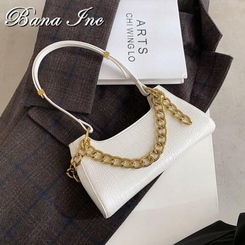 Women Leather Bag Fashion Thick Metal Chain Shoulder Bags For Women 2021 Armpit Shoulder Purse Solid Color Handbag And Purses