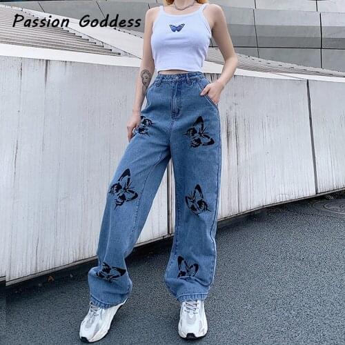 Harajuku Women Butterfly Print Straight Jeans Vintage Loose High Waist Denim Blue Jeans Rock Streetwear Dance Pants Korean Style