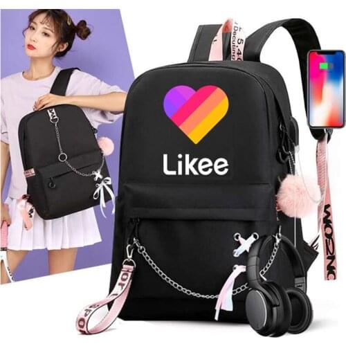 Usb Charging Women Backpack Likee Mochila Travel Backpack Bag Teenage Girls Fashion Canvas "LIKEE 1 (Like Video)" School Bags