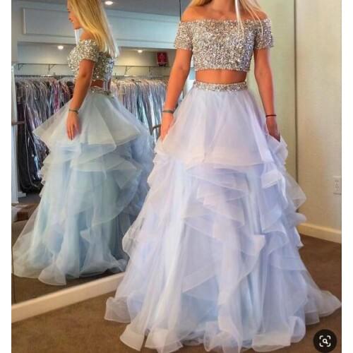SuperKimJo 2 Piece Prom Dresses 2020 Boat Neck Beaded Blue Tiered Cheap Prom Gown Vestidos De Graduacion Senior Formal Dress