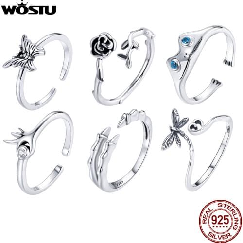 WOSTU New 925 Sterling Silver Butterfly Dragonfly Rose Frog Ring Simple Open Finger Ring For Women Silver Fine Jewelry CQR728