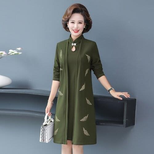 Oriental Style Women Two Pieces Dresses Embroidery leaves Knee Length Cardiagn and Sleevless Elegant Dress Woman Spring /autumn