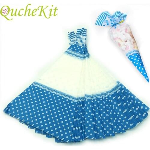 50pcs Blue Dots Cellophane Bags Clear Plastic Candy Gift Bag Triangular Cone-Shaped Treat Popcorn Sugar Bags With Twist Ties