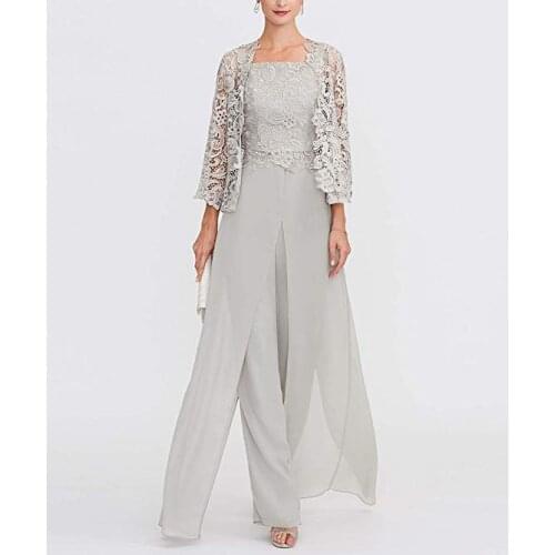 Elegant Gray Lace Mother of The Bride Pant Suit Plus Size Chiffon Formal Mother Evening Dresses Long Vestidos De Madrina