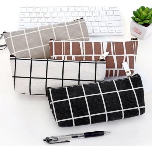 Canvas Pencil Bags Pouch Cute Kawaii School Simple Striped Grid Solid Color Canvas Pencil Cases Office Students School Supplies