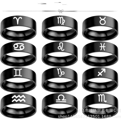 12 Constellations Zodiac Sign Finger Rings Women Girls Black Sliver Color Stainless Steel Ring Anel Anillos Jewelry Size 6-13