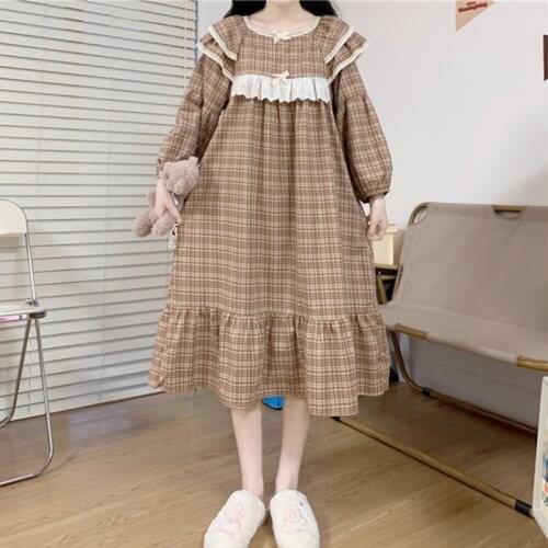Korean Version of the Loose Retro Plaid Long Sleeve Nightdress Nightgown Female Spring 2021 nian New Simple Style Clothing Suit