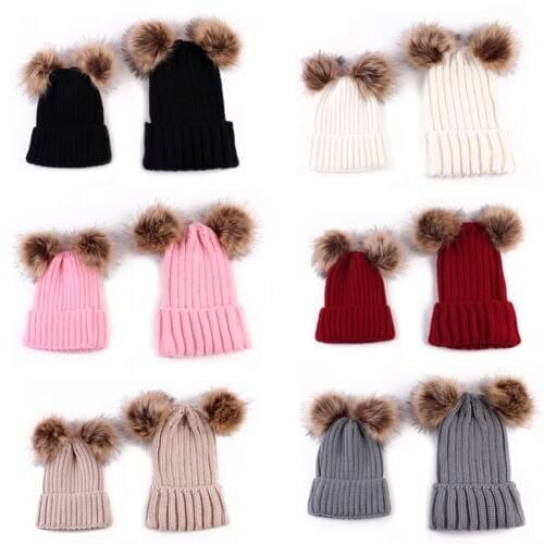 Fashion Adults Kids Warm Winter Autumn Knitted Hats Mommy Boys Girls Casual Cute pompoms Soft Knit Beanies Caps Accessories