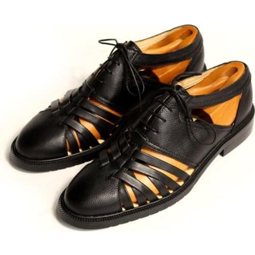 2020 New Vintage Mens Lace Up Hollow Out Beach Sandals Round Toe Block Heels Gladiator Business Genuine Leather Shoes Plus Size