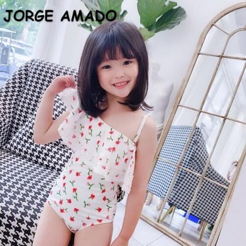 2021 New Korean Style Summer Teenagers Girls Swimwear 1-Pcs Sets Floral Ruffles Shoulderless Swimsuit Children Clothes E1028