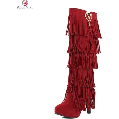 Original Intention New Fashion Womens Boots Sexy Round Toe Thin Heel Platform Knee High Boots Tassel Shoes Woman Plus Size