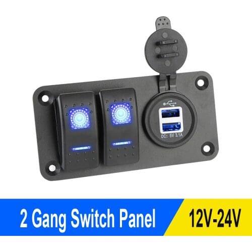 2 Gang Car Rocker Switch Panel 12-24V Circuit Control Breaker LED Rocker Dual USB Port Charger for Car RV Truck Marine Auto Part