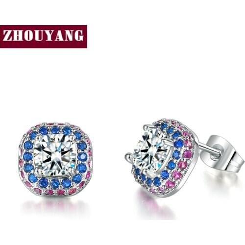 ZHOUYANG Stud Earring For Women Classic Elegant Red Blue Cubic Zirconia Silver Color Wedding Engagement Fashion Jewelry DZE001
