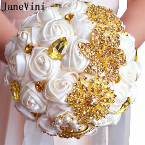 JaneVini Beige/Red Satin Flower Bride Wedding Bouquet with Gold Crystal Pearls Jewelry Artificial Flowers Bridal Brooch Bouquet