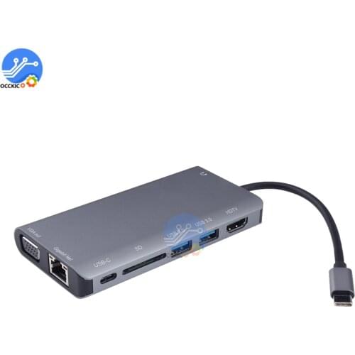 Usbc Type-c to HDMI-compatible+VGA+USB3.0+SD card reader+Gigabit Nat Ethernet port+PD USB-C HDTV docking 8-in-1 converter hub