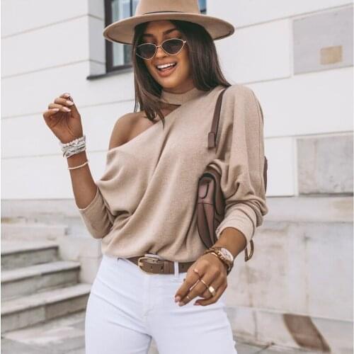 Women Sexy Strapless Sweater Solid Casual O-neck Long Sleeve Loose Pullover Tops Female Vintage Knitted Streetwear Autumn 2020