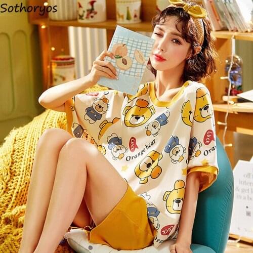 Women Summer Pajama Sets Loose Cozy Lovely Girls Printed Nightwear Breathable Home Females Lounge Trendy Teenagers Sleep Popular