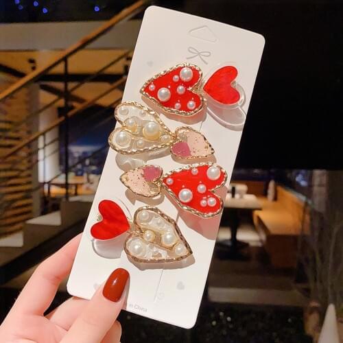 Acrylic Red Heart Pearl Hair Clips Hair Jewelry Hair Accessories for Women Fashion Korean Hair Pins Lady Barrette Stick ER1009