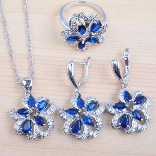 Womens Silver Color Jewelry Sets Blue Crystal Wedding Jewellry Zirconia Earrings Pendant Necklace Rings QZ0532