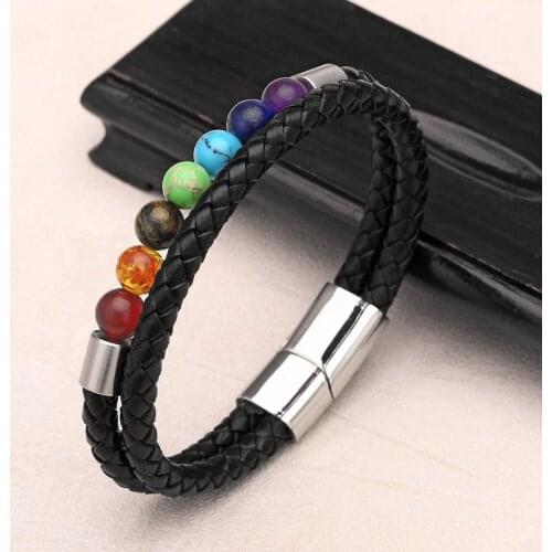 Genuine Leather Bracelet for Men Women Lava Rock Essential Oil Diffuser Bracelet Natural Stone Beaded Bracelet Steel Cuff Bangle