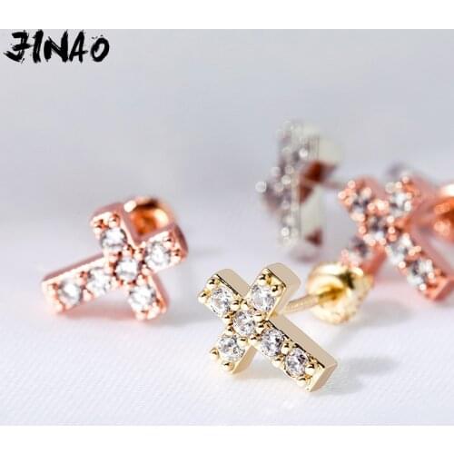 JINAO NEW Minimalist 925 Silver Cubic Zirconia Stud Earrings For Women Simple Geometric Cross Earrings Hip Hop Fashion Jewelry