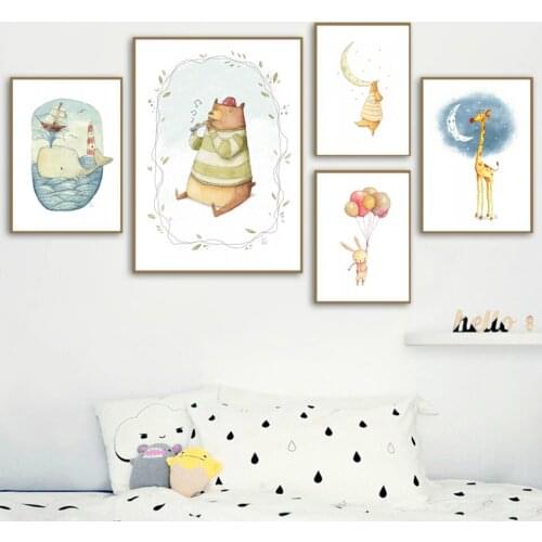 Canvas Painting Nordic Prints Home Decor Whale Fox Rabbit Giraffe Wall Art Modular Pictures Cartoon Animal Poster For Kids Room