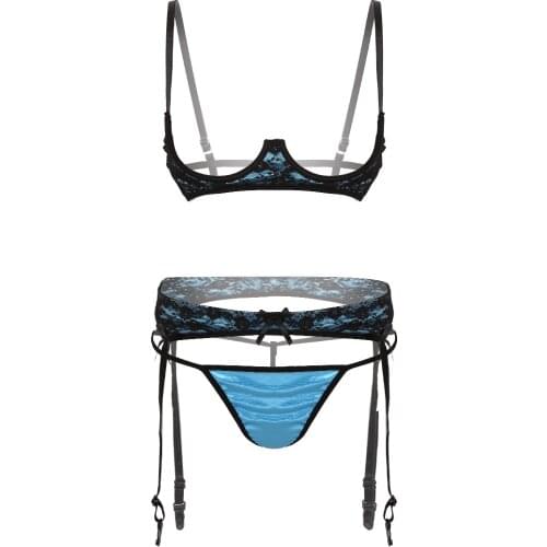 MSemis Women Erotic Sets See Through Lace Lingerie Open Cups Bra Top Sleepwear Crotchless Pearl Thong Sexy Panties Garter Belt