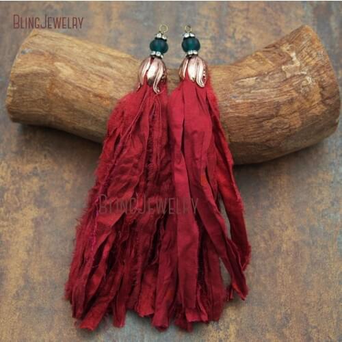 Red Sari Silk Tassel Pendant with Antique Bronze Cap and Matte Crystal Accent PM7910