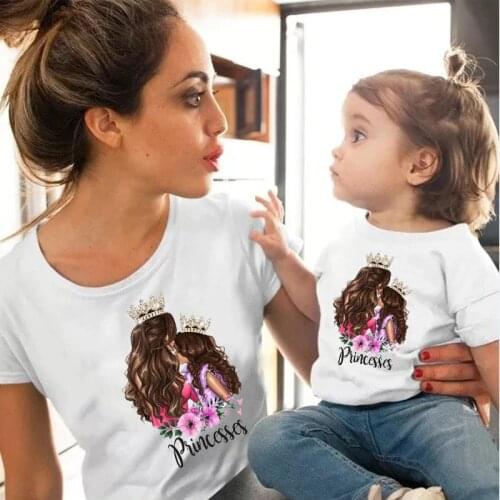 Fashion family matching clothes princesses queen mom love print Cotton tshirt baby girl clothes Top mother and daughter clothes