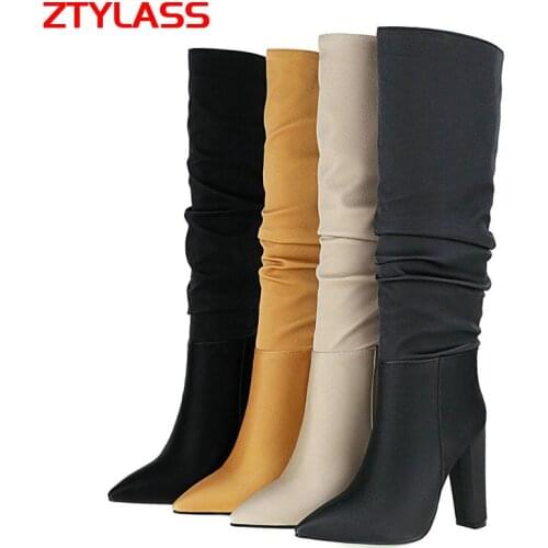 Fashion Pleated Women Knee High Boots Ladies Zipper Square High Heel Long Boots Autumn Winter Pointed Toe Shoes Woman