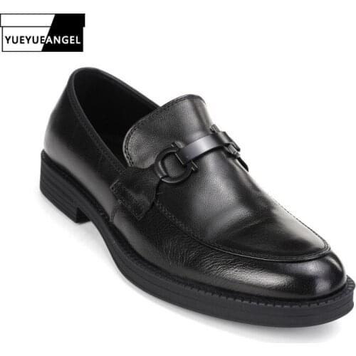 Solid Black New Men Top Layer Cowhide Dress Shoes Slip-On Round Toe Business Males Soft Genuine Leather Breathable England Style