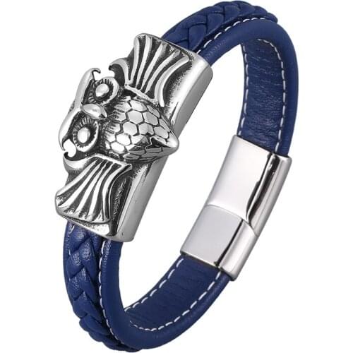 Fashion Owl Shape Stainless Steel Magnet Clasp Blue Leather Braided Bracelet Men Jewelry Punk Bangle Male Wristband Gifts SP0915