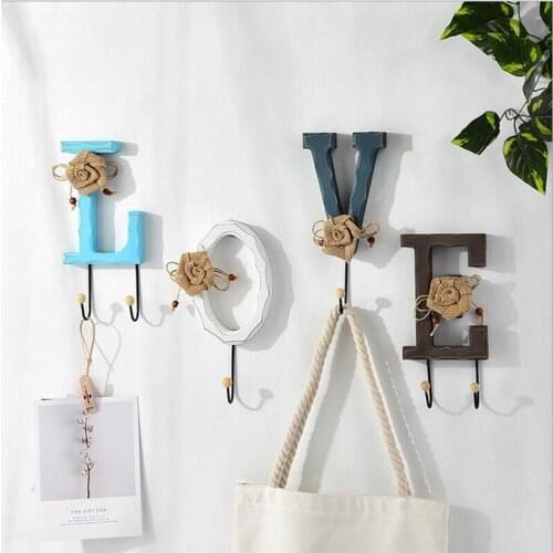 Modern Style Wall Mount, Rustic Wooden Love Letter Design Decorative Wall Mounted Coat Rack Set with 6 Iron Hooks for Keys