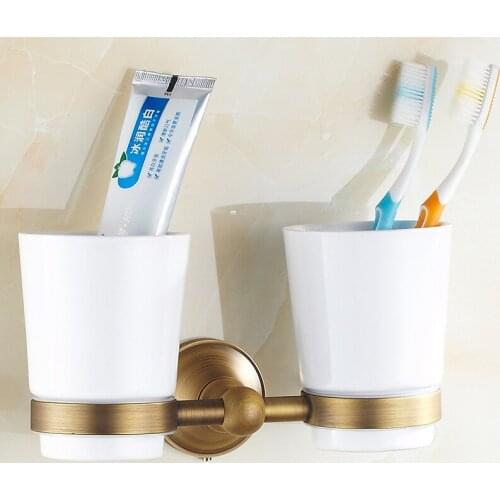 Cup & Tumbler Holders Antique Brass Wall Mounted Bathroom Accessories Double Tumbler Holders Toothbrush Cup Holder KD915