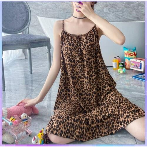 Leopard Night Dress Women Sexy Sleepwear Female Summer Floral Lingerie Nightgown Homewear Plus Size Nightdress Casual Nightie
