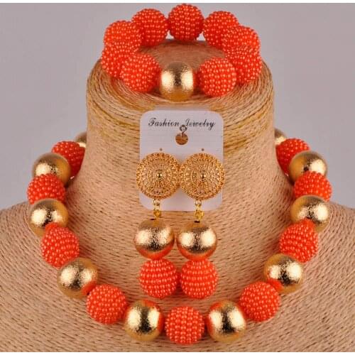 Orange african jewelry set simulated pearl costume necklace nigerian wedding beads set FZZ70
