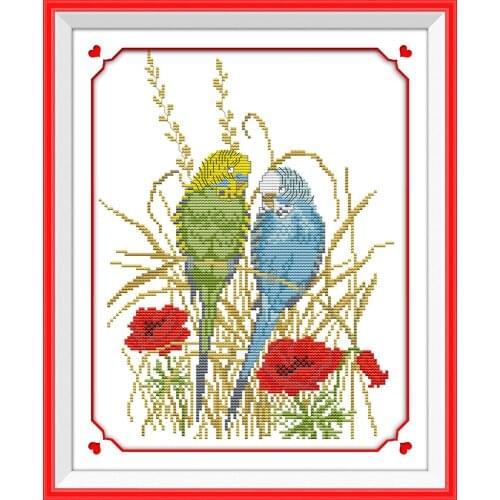 Parrot couple cross stitch kit DIY hand embroidery set craft handmade needlework winter snow season skiing snowman set