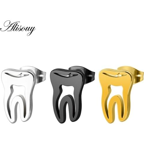 Alisouy 2pcs Trendy Earings Stainless Steel Gold Hollow Teeth Earrings Minimalism Love Dental Ear Studs Men Woman Jewelry Gifts