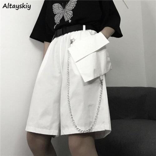 Shorts Women Loose Solid Color Unisex Plus Size Straight Fashionable Harajuku Chain Belt Japanese Style Streetwear Pocket Couple