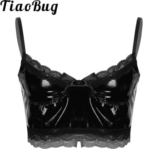 Mens Sexy Lingerie Sissy Vest Tops Punk Gothic Patent Leather Nightwear for Rock Concert Lace Trim Bowknot Sleeveless Crop Top