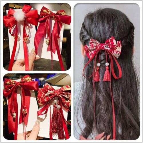 Chinese Style Childrens Hairpin Hanfu Hair Ornaments New Year Retro Girl Bowknot Fringed Streamer Hairpin Headdress