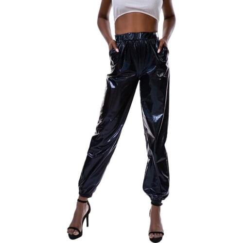 Hip Hop Women Holographic Pants Night Club Elastic High Waist Long Trousers