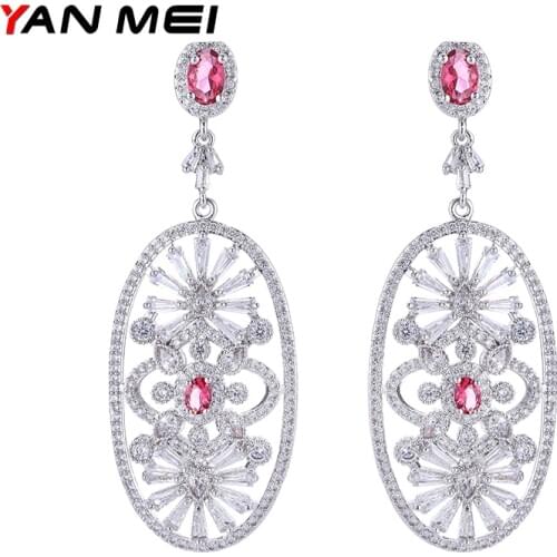 YANMEI Hollow Out Geometric Oval Long Earring For Women Luxury Full Rainstone Fashion Jewelry YME5408Y
