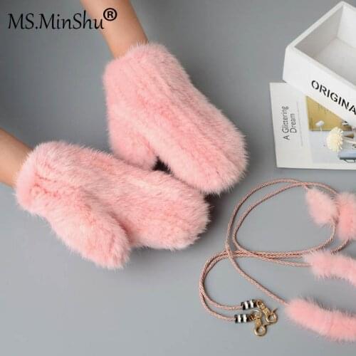 Ms.MinShu Women Winter Mink Fur Gloves Fashion Real Mink Fur Mittens Hand Knitted Drop Shipping