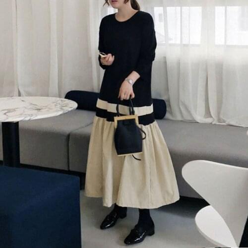 Tiered Docking Dress Maxi Length Long Sleeve Switching Round Neck Ladies Fashion Color Scheme A Line Dressing Korean Style Dress