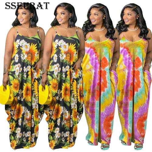 SSEURAT Women Summer Tie Dye Print Sleeveless Spaghetti Strap Loose Beach Maxi Dress Sexy Party Classic Long Dresses
