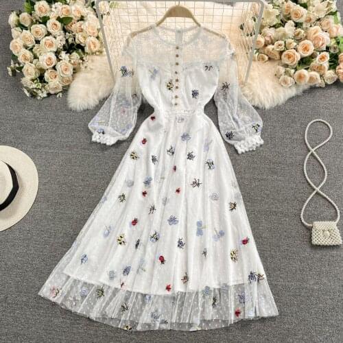 Women See Through Lantern Sleeve Vintage Tulle Floral Embroidery Party Vestidos Autumn Runway Flower Lace Dot Mesh Dress 9953