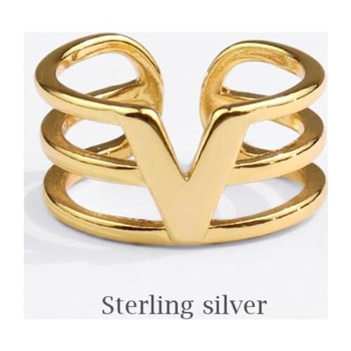 Sole Memory Three-layer Geometric Letter V 925 Sterling Silver Female Resizable Opening Rings SRI816