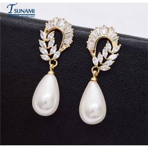 1Pair Cubic Zirconia Dangle Earrings Luxury Water pearl DIY Earrings in drop earrings for laddy girl korean earrings noble